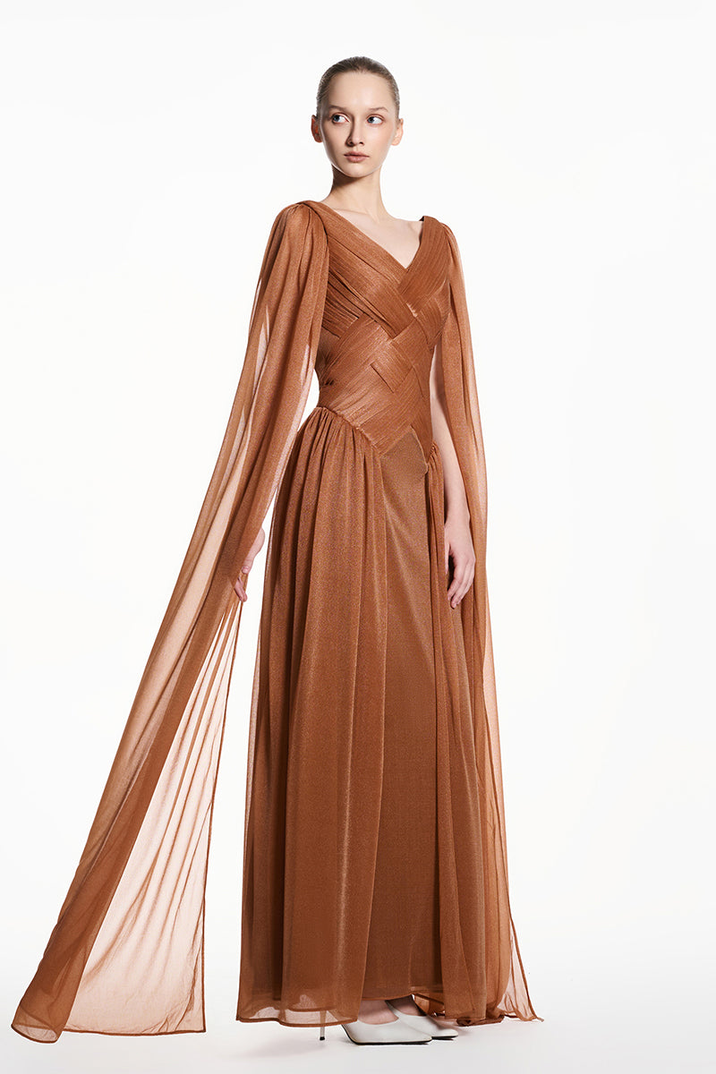 Beige EEGEN STUDIO spandex sheer chiffon maxi dress, flowing design with elegant, lightweight fabric, full-length style.