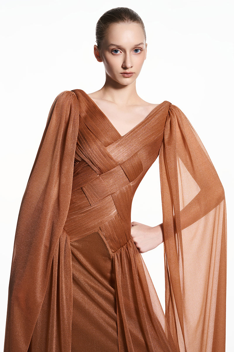 Beige EEGEN STUDIO sheer chiffon maxi dress with flowy fabric and elegant design, perfect for formal or casual occasions.