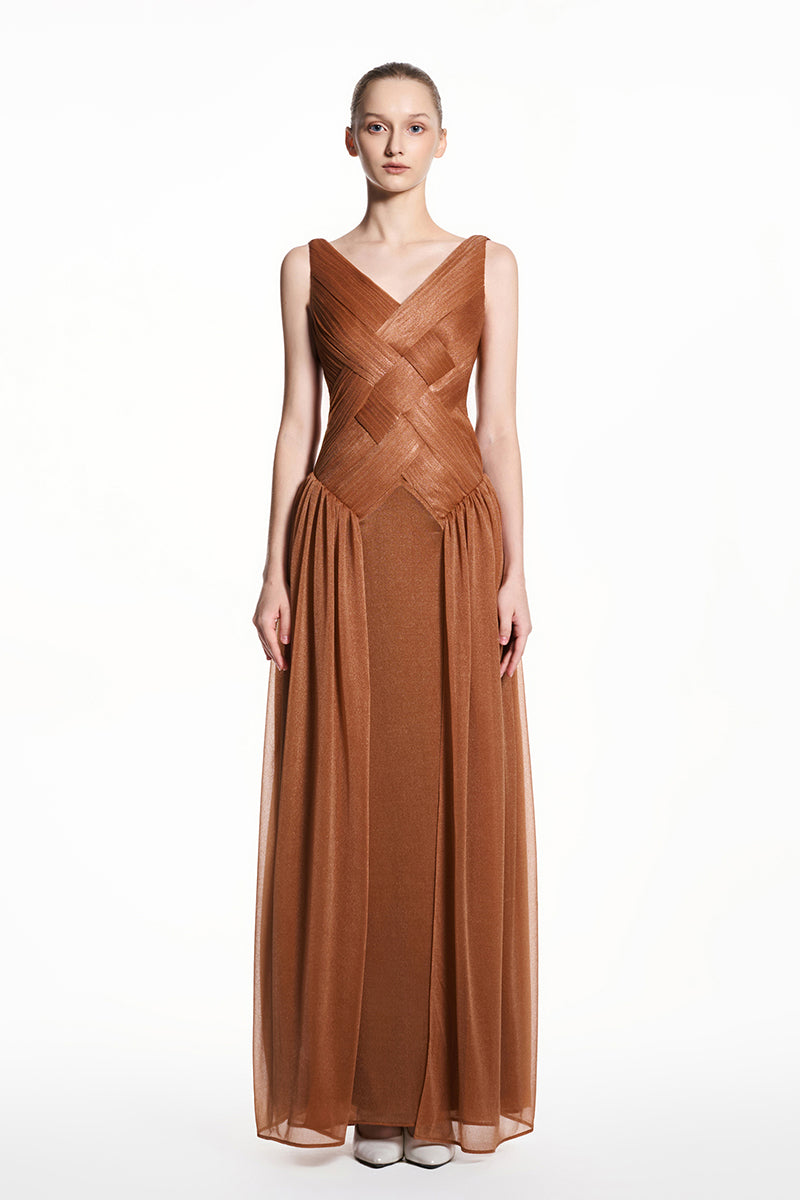 Beige sheer chiffon maxi dress by EEGEN STUDIO featuring a flowy silhouette and elegant design.