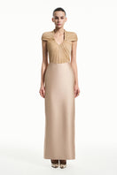 Beige sheer chiffon midi gown by EEGEN STUDIO featuring a fitted spandex bodice and flowing skirt, elegant and lightweight.