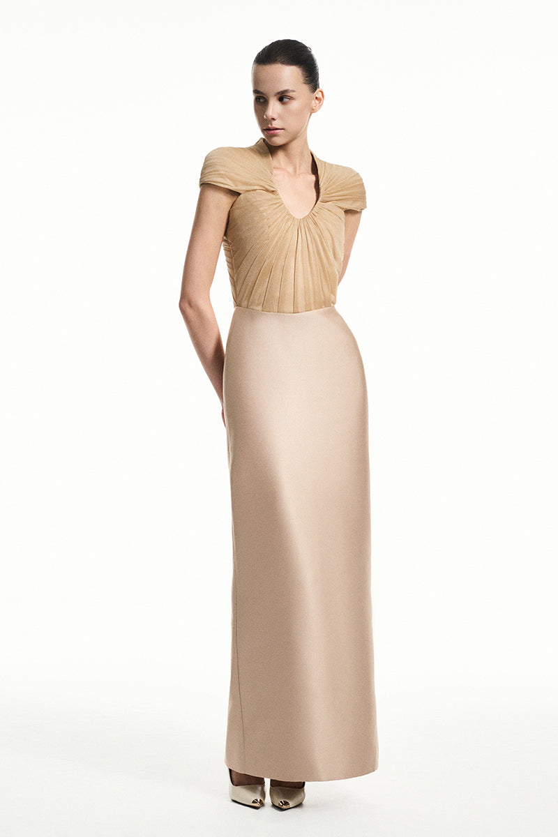 Beige spandex sheer chiffon midi dress by EEGEN STUDIO featuring a flowing maxi dress design with gold accents.