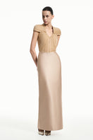 Beige sheer chiffon midi gown by EEGEN STUDIO featuring a fitted silhouette and elegant gold accents.