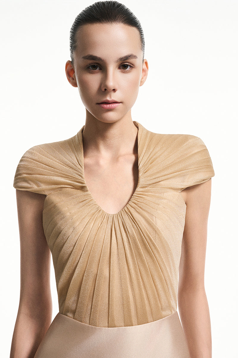 EEGEN STUDIO gold spandex sheer chiffon midi dress, maxi style, flowing fabric with elegant silhouette in beige color.