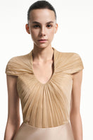 Beige sheer chiffon midi gown by EEGEN STUDIO featuring a fitted spandex silhouette and elegant gold accents.