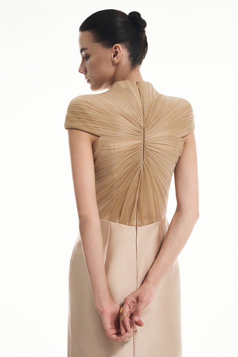 Beige sheer chiffon spandex midi dress by EEGEN STUDIO featuring a flowing design and elegant gold accents.