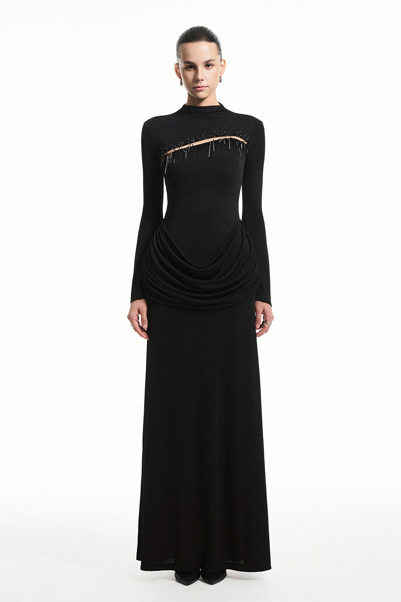 Black Twinkle Jersey Spandex Maxi Dress by EEGEN Studio, showcasing a fitted, long-length dress with a sleek, elegant silhouette.