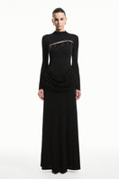 Black Twinkle Jersey Spandex gown by EEGEN Studio, featuring a sleek, fitted design with shimmering details and elegant long sleeves.