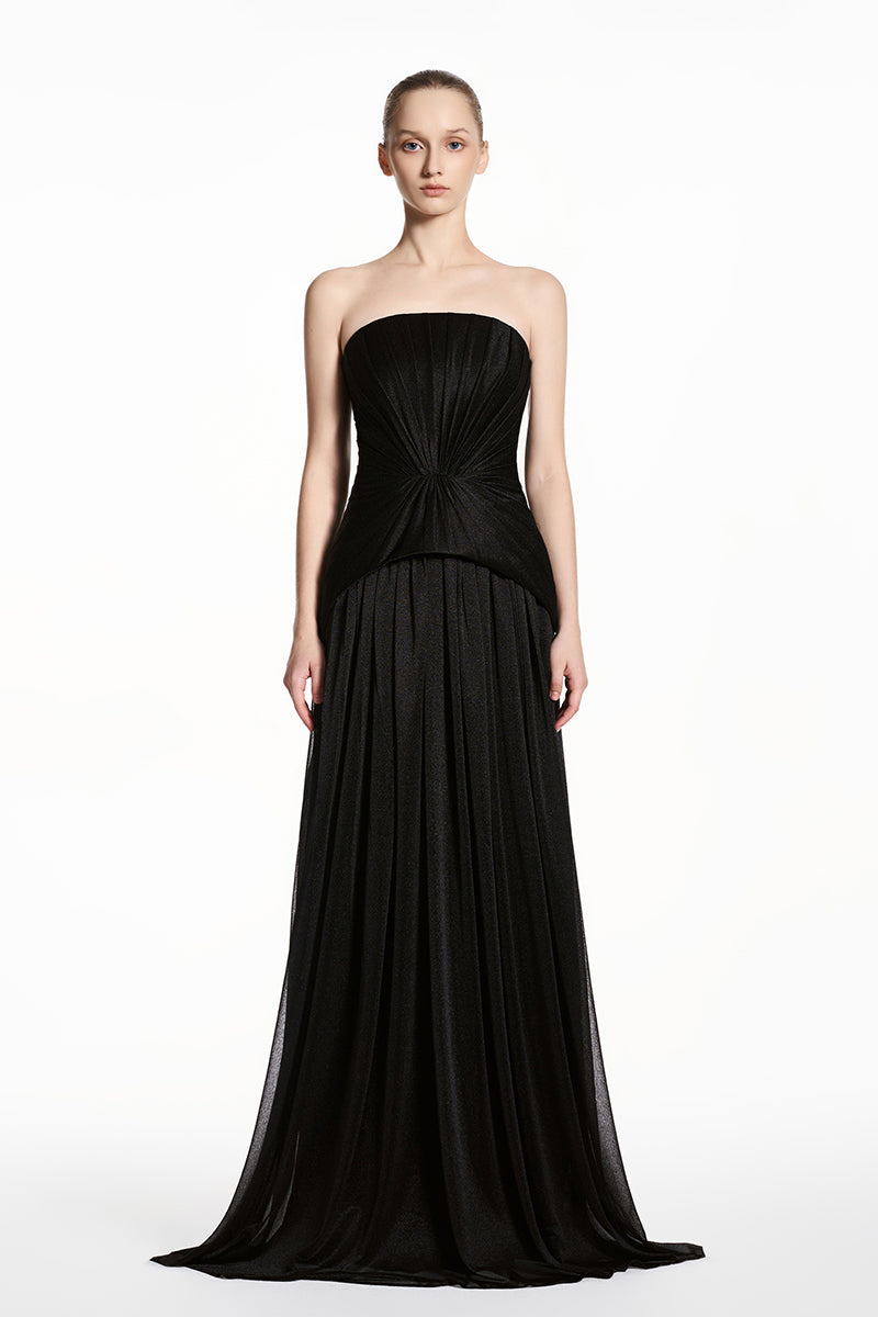 Black sheer chiffon maxi dress by EEGEN STUDIO, flowing fabric, elegant design, and full-length style in this product image.