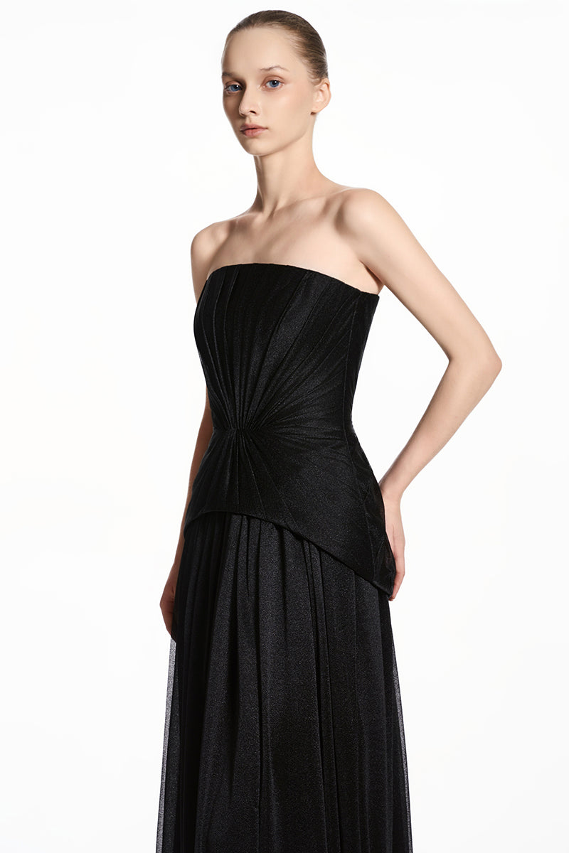Black sheer chiffon maxi dress by EEGEN STUDIO, flowing lightweight fabric with a elegant, full-length design.