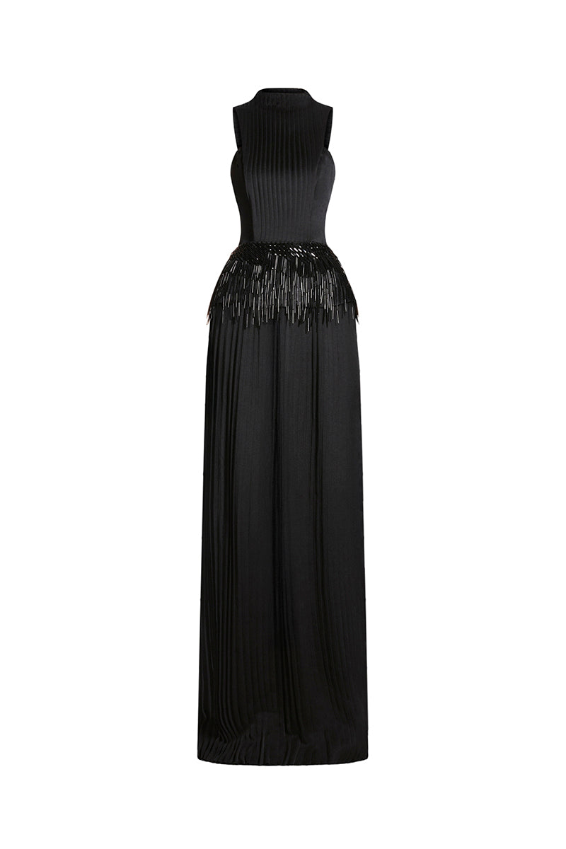 Black TAFFETA silk maxi dress by EEGEN STUDIO, featuring a flowing silhouette and elegant design.