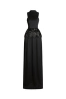Black taffeta silk gown by EEGEN STUDIO, featuring elegant fabric and a flowing silhouette, perfect for formal occasions.