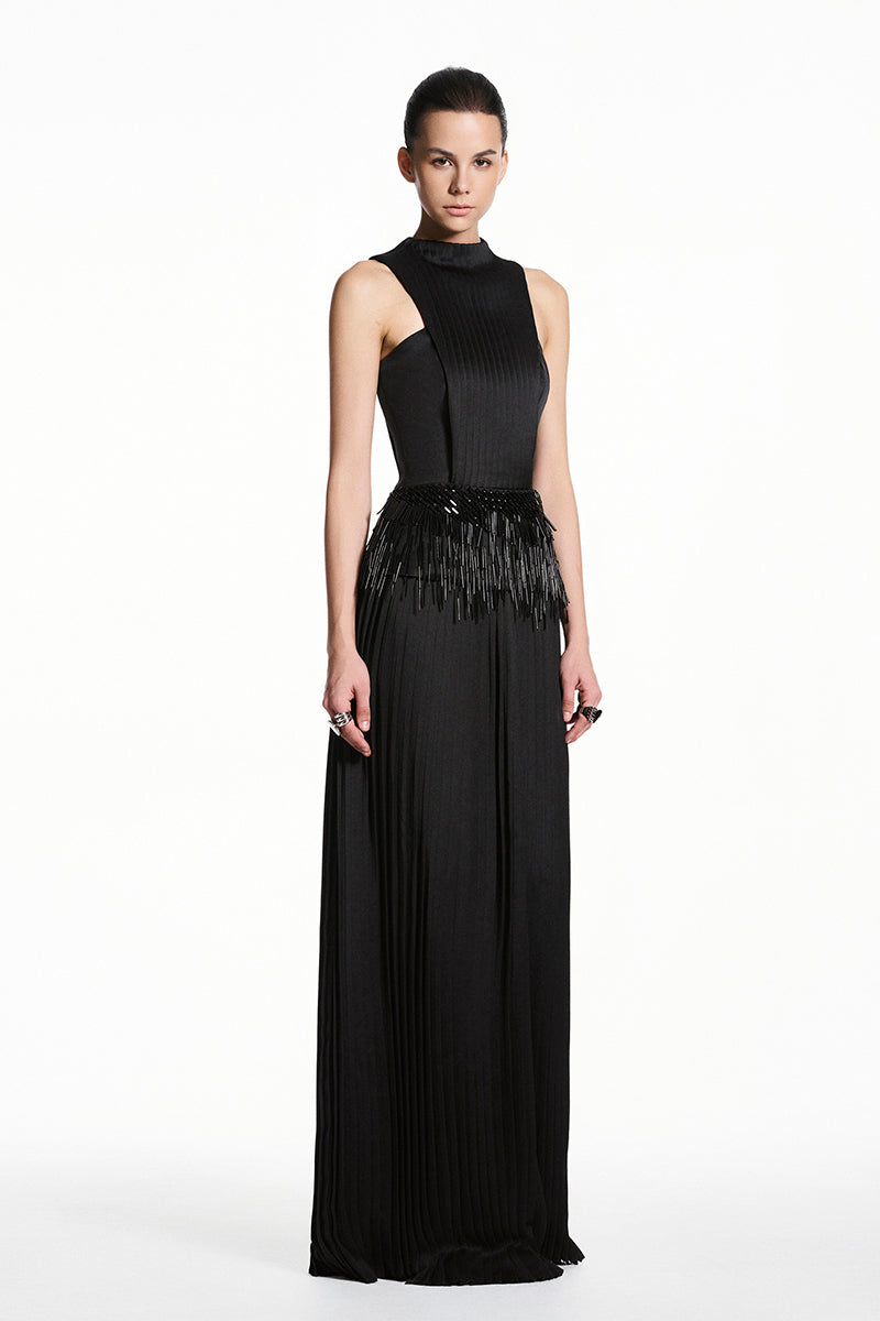Black taffeta silk maxi dress by EEGEN STUDIO, shown with flowing fabric and elegant design.