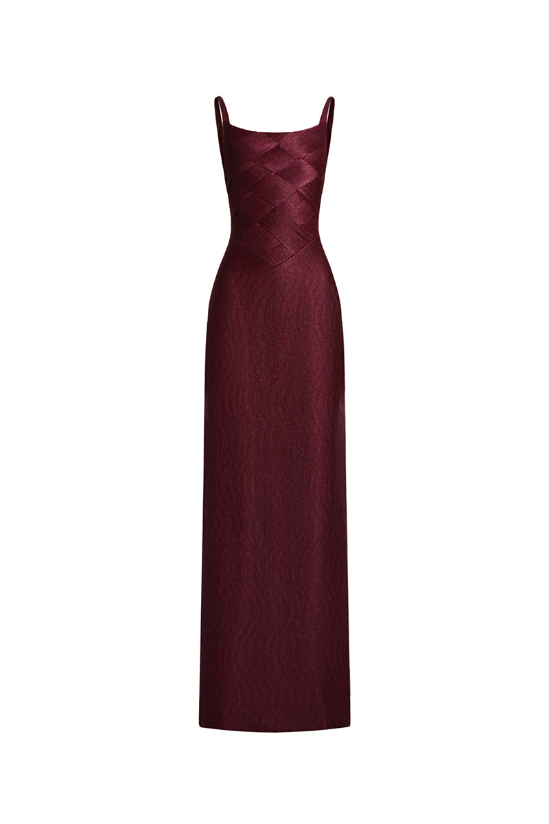 Elegant burgundy spandex sheer chiffon gown by EEGEN STUDIO, featuring a flowing maxi dress design and delicate fabric details.