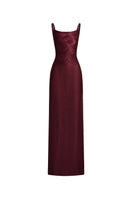 Elegant burgundy spandex sheer chiffon maxi gown by EEGEN STUDIO featuring flowing fabric and a graceful silhouette.