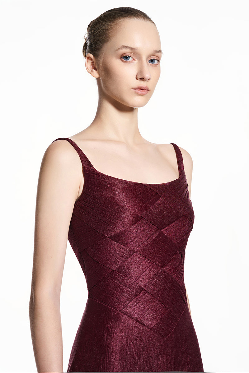 Dark red sheer chiffon spandex maxi gown by EEGEN STUDIO featuring flowing fabric and elegant design.