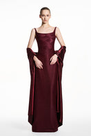 Dark red EEGEN Studio spandex sheer chiffon gown, burgundy maxi dress with flowing fabric and elegant design.