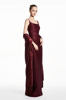 Elegant burgundy spandex sheer chiffon maxi dress by EEGEN STUDIO, flowing fabric and delicate design perfect for formal occasions.