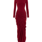 Red Thalora midi gown by POEM featuring a flowing design and elegant silhouette.