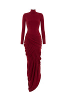 Red Thalora midi gown by POEM featuring a flowing design and elegant silhouette.