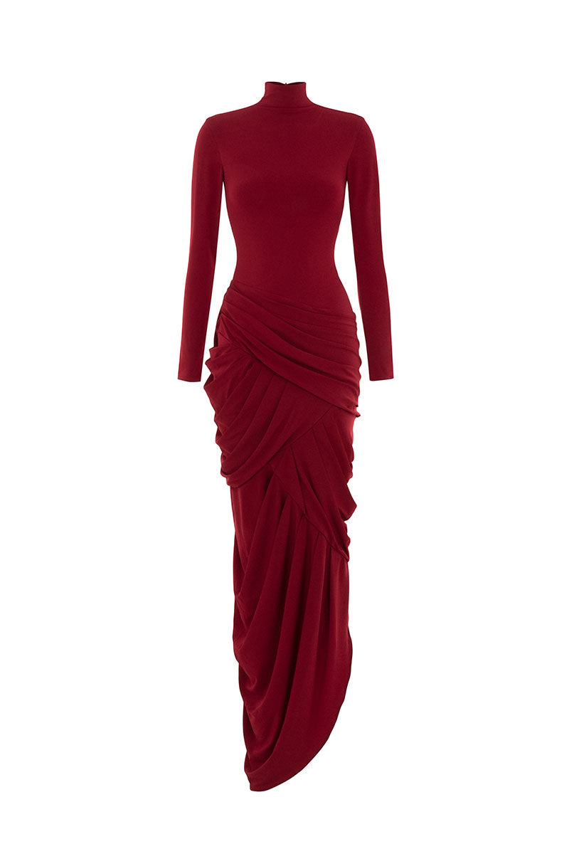 Red Thalora midi gown by POEM featuring a flowing design and elegant silhouette.