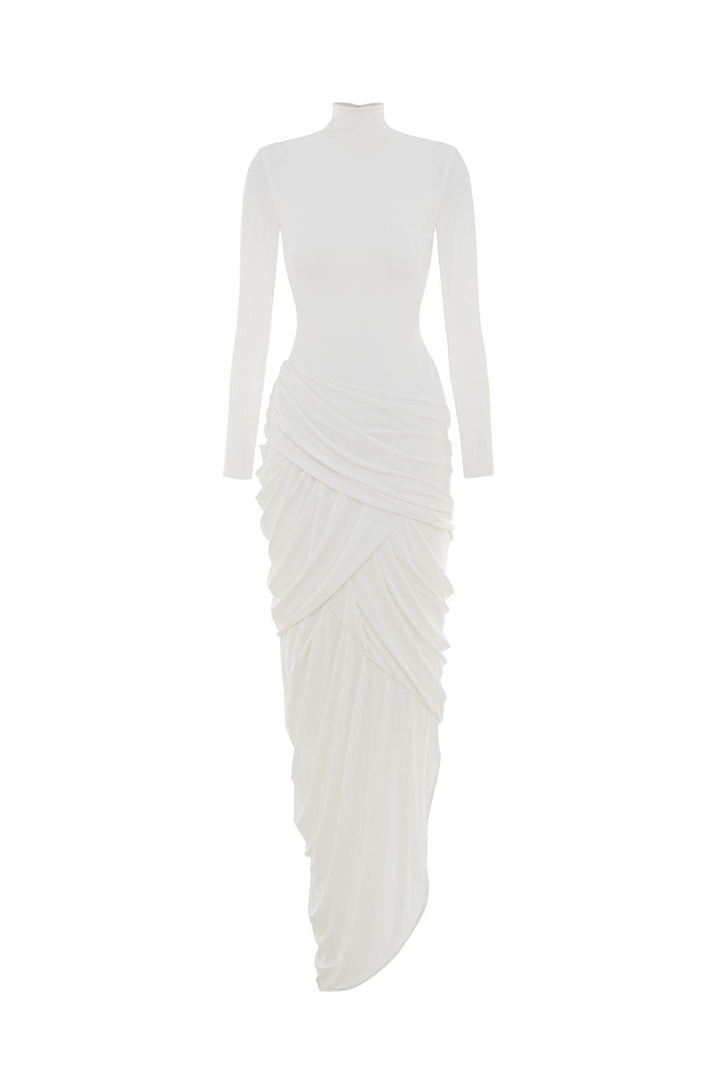 White Thalora midi dress by POEM, featuring a stylish, flowing design perfect for casual or semi-formal occasions.