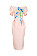 Tiny Ink blush pink midi dress with hand-painted floral design, elegant sleeveless style, perfect for summer occasions