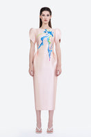 Hand-painted pale pink Blush of Azalea midi dress by Tiny Ink, showcasing delicate floral details and elegant midi length.