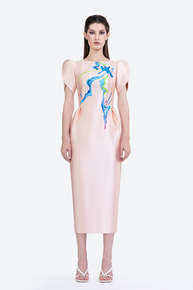 Hand-painted pale pink Blush of Azalea midi dress by Tiny Ink, showcasing delicate floral details and elegant midi length.