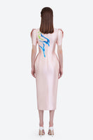Hand-painted pale pink Azalea midi dress by Tiny Ink, featuring flowing fabric and elegant design.
