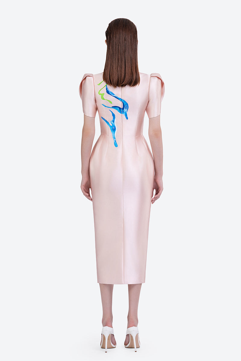 Hand-painted pale pink Azalea midi dress by Tiny Ink, featuring flowing fabric and elegant design.