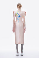 Hand-painted pale pink Blush of Azalea midi dress by Tiny Ink, featuring floral details and flowing fabric.