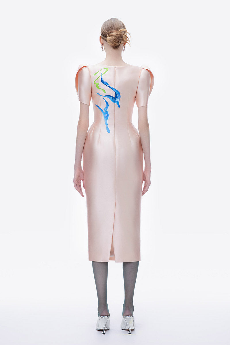 Hand-painted pale pink Blush of Azalea midi dress by Tiny Ink, featuring floral details and flowing fabric.