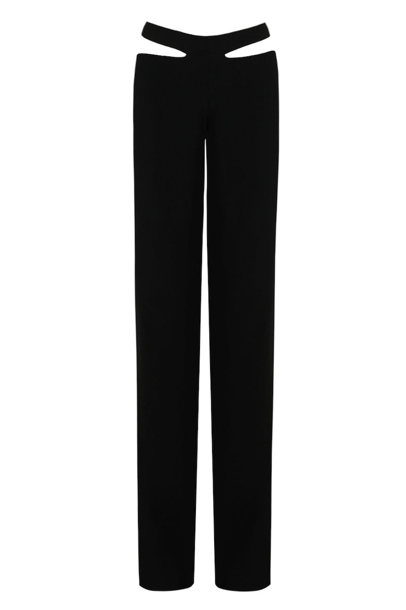 Black JC Pajares pants with stylish cut-out details, featuring a modern, fitted design perfect for a trendy look.