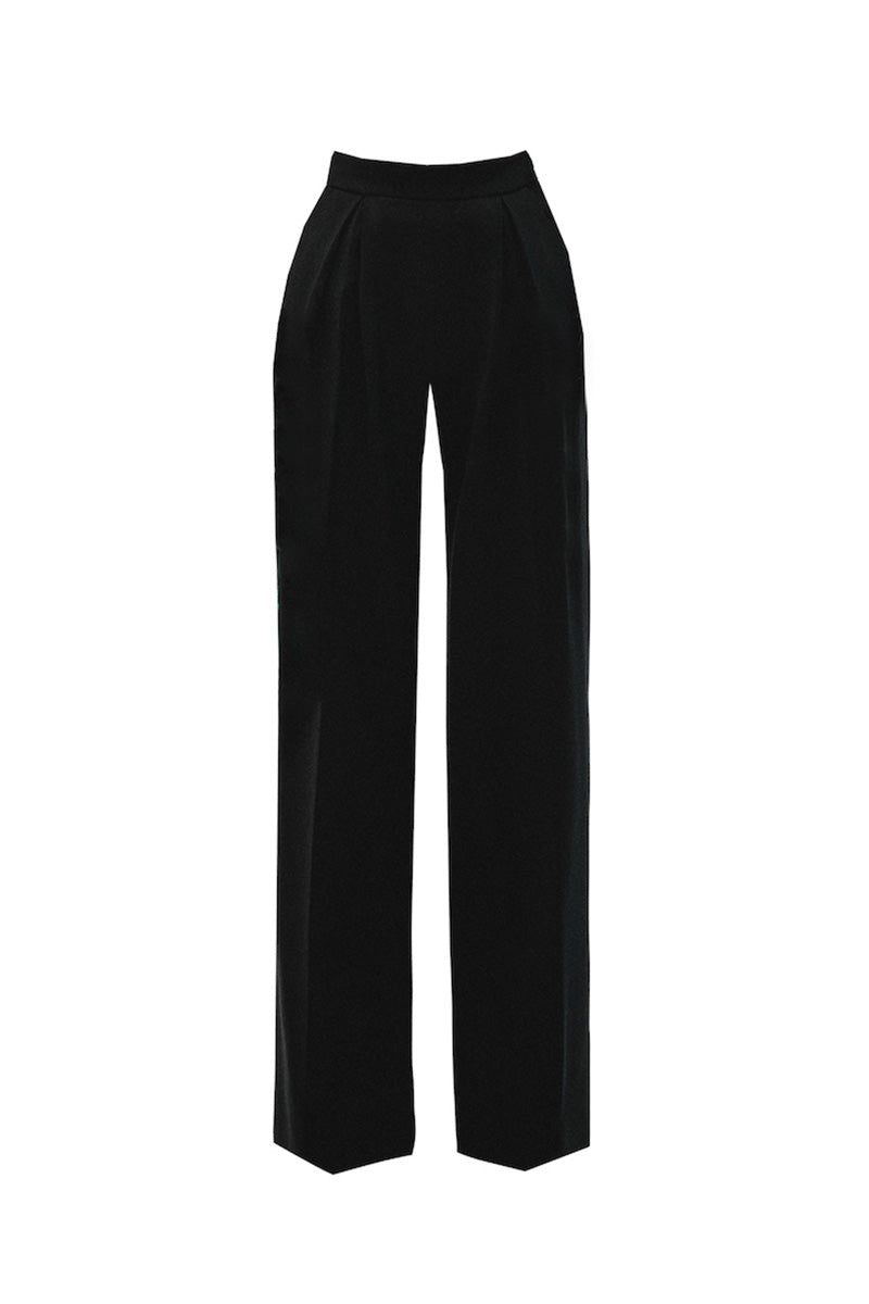Black JC Pajares double crepe wide leg pants laid flat, showcasing the relaxed fit and smooth fabric texture.