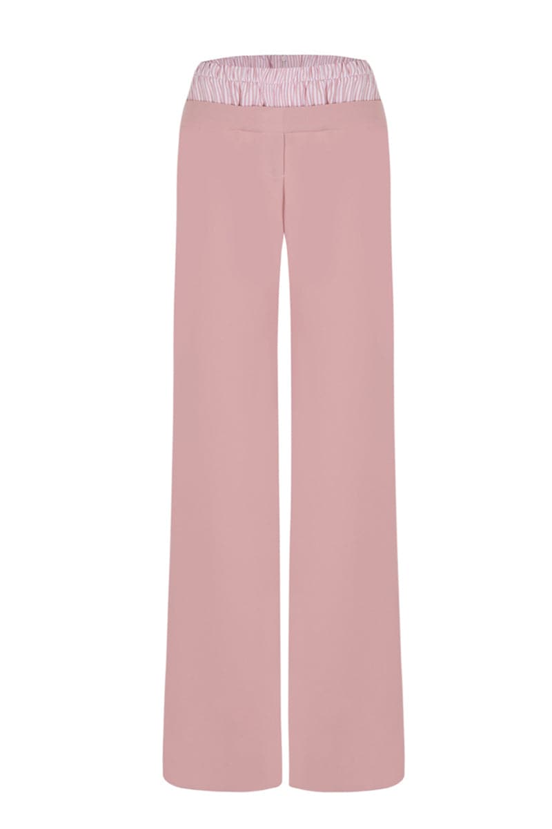 Pink JC Pajares double waistband pants with wide legs and relaxed fit, shown on a model against a neutral background.
