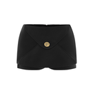 Black POEM Marabel mini skirt styled with casual top, showcasing a trendy, fitted mini skirt silhouette.