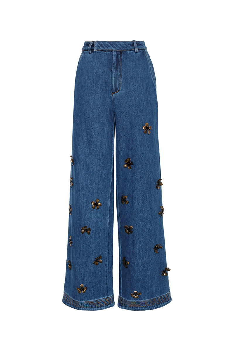 DUMA&CO UMBRAL PANTS jeans in classic blue, featuring a slim fit, five-pocket design, and stylish stitching.
