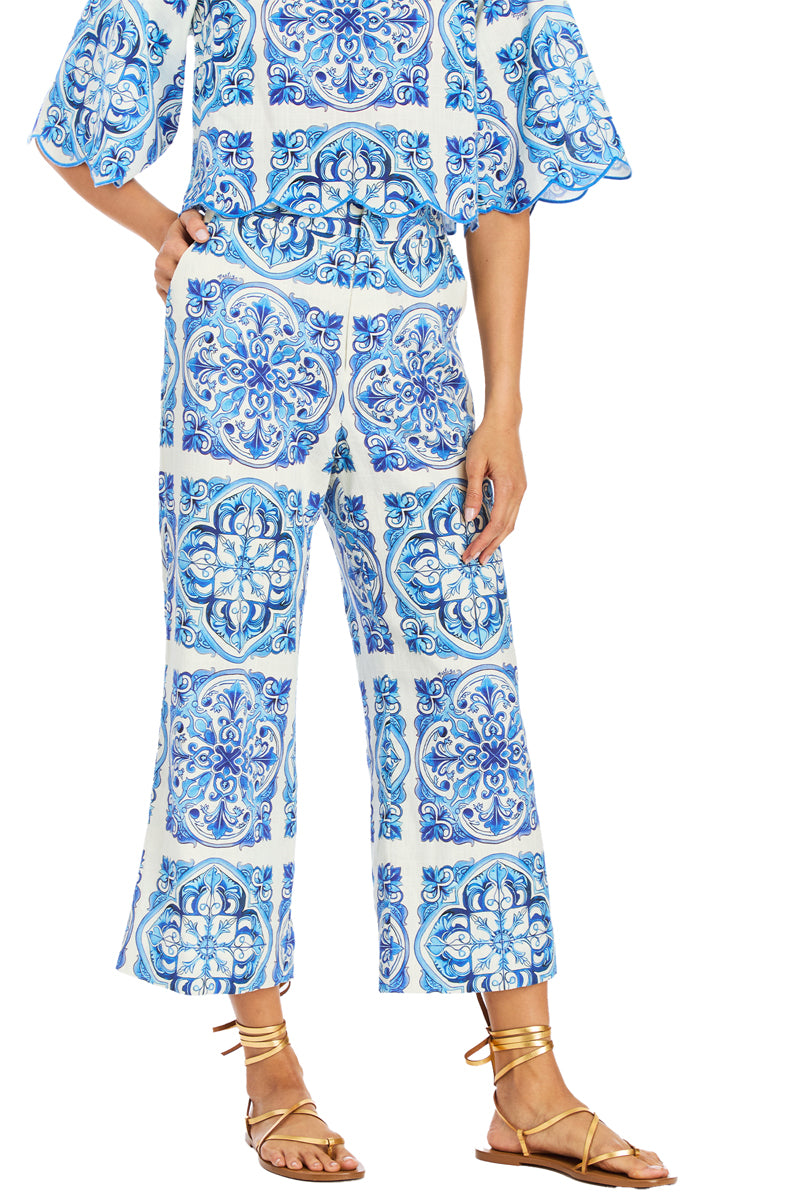 Mestiza New York Taylor cropped pants in Azulejo blue, featuring a relaxed fit and stylish design, shown on a model.