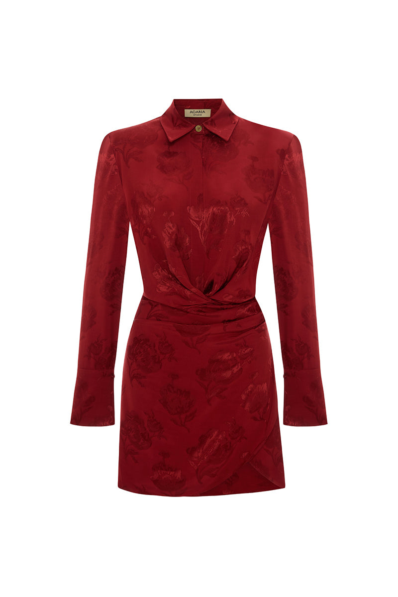 Red Paris Jacquard mini dress by Acaria Studio, featuring intricate woven patterns and a stylish, fitted silhouette.