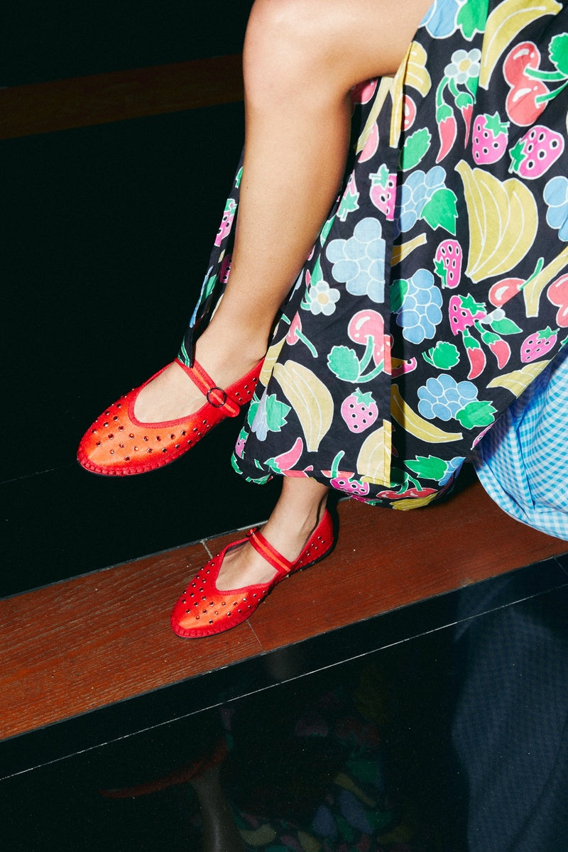 Flabelus Mae red flats with pointed toe and slip-on design, stylish and comfortable women's footwear on a neutral background.