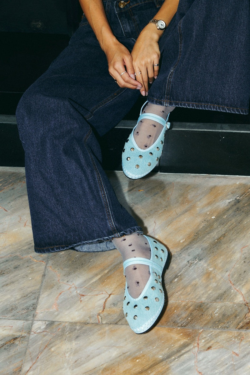 Flabelus Mae Silver Light Denim Flats with pointed toe and sleek design, perfect for casual or dressy wear.