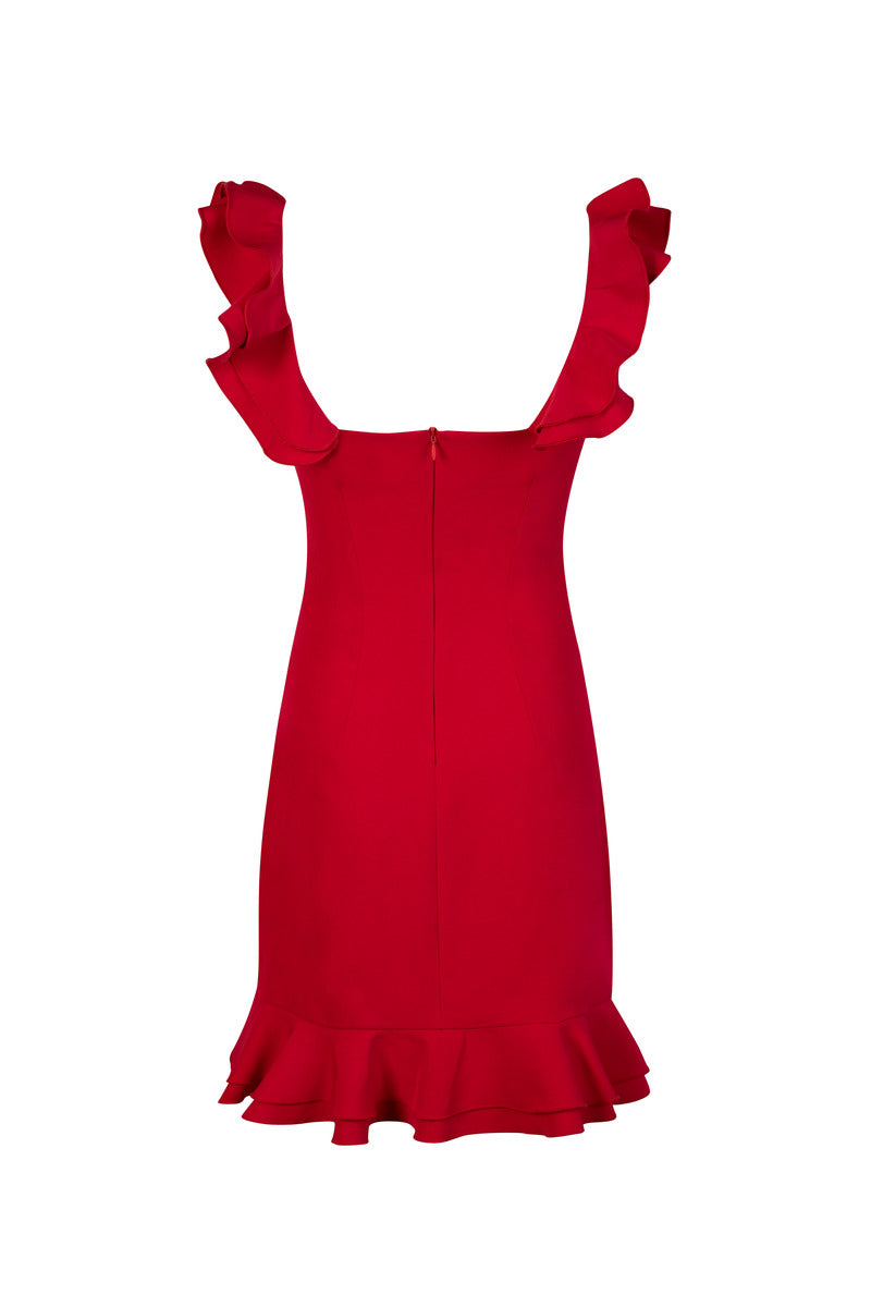 Back view of Señorita Penelope red mini dress, showcasing its stylish design and fitted silhouette.