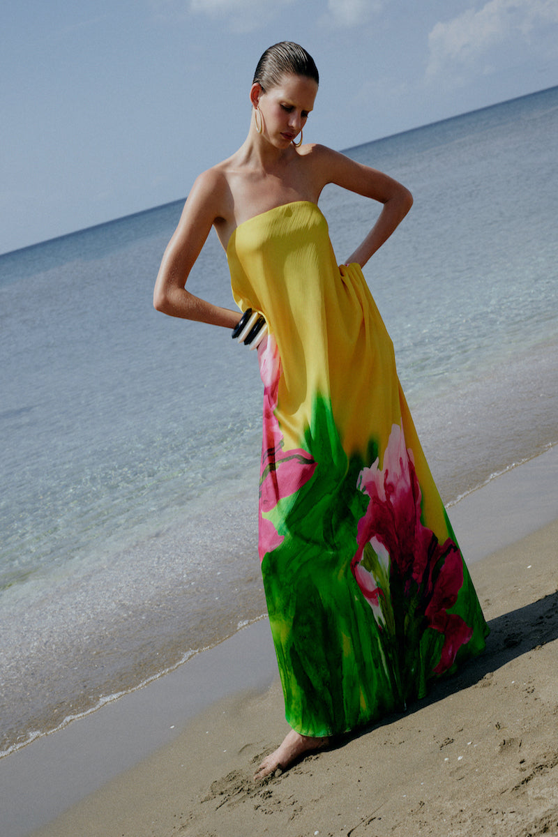 Sisters Peony Dress in bold blossom print, a flowy maxi dress with vibrant floral pattern and sleeveless design.