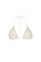 Aguaclara La Perle lace triangle bikini top with adjustable straps and delicate lace design, ideal for beach or poolside wear.