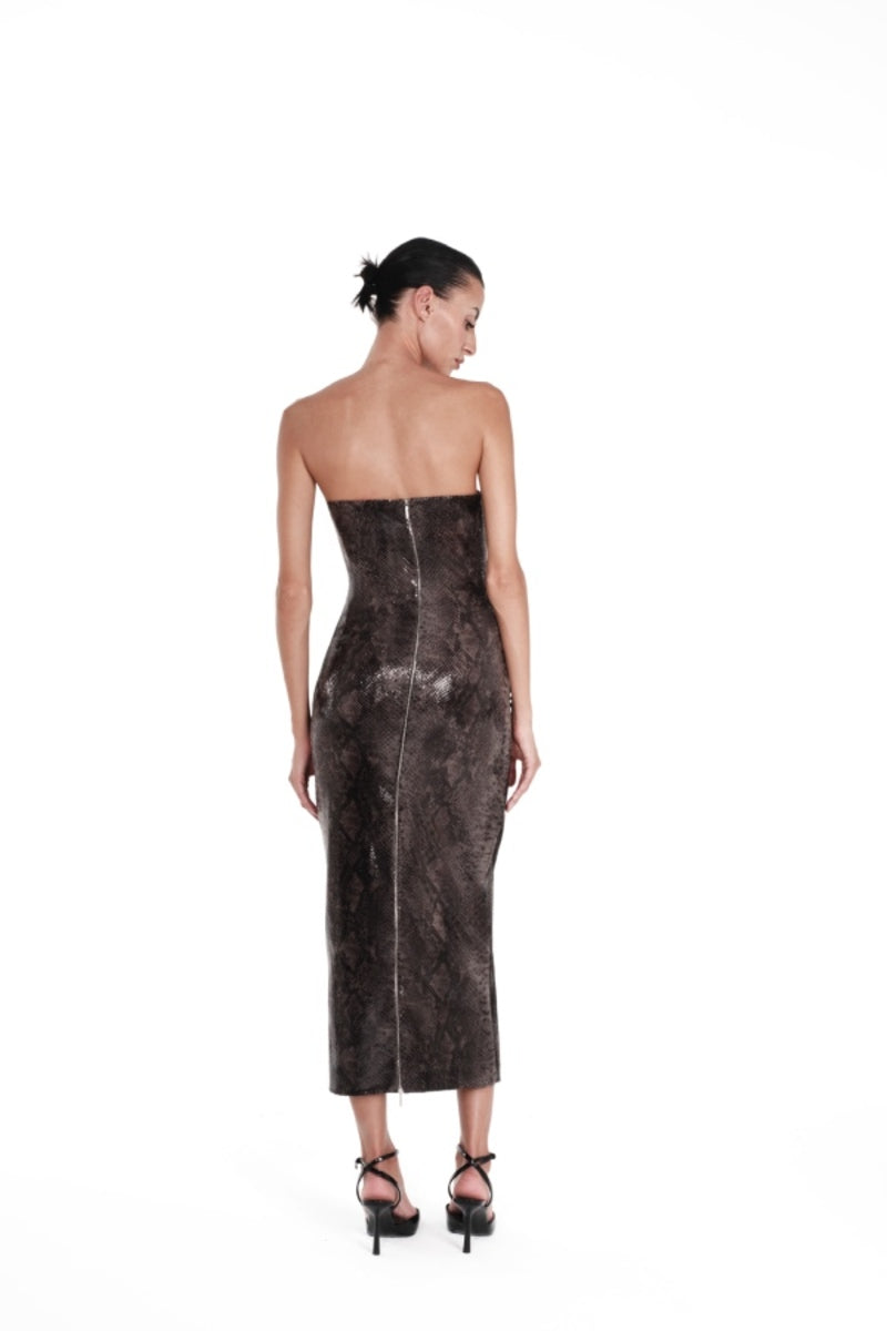 SERPENT STRAPLESS FAUX LEATHER MIDI DRESS - CULT MIA