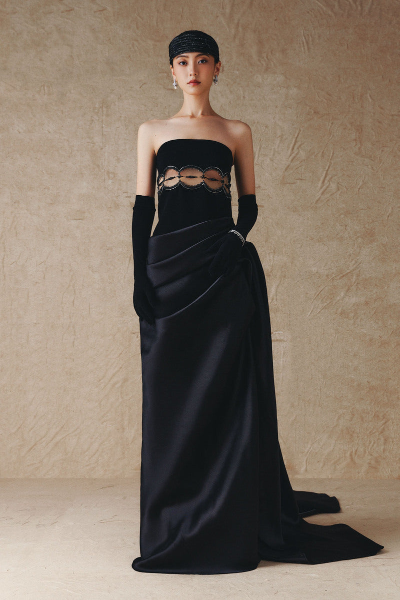 BLACK MAXI DRESS WITH HAND EMBROIDERED WHITE BEADS ON MID-WAIST | CULT MIA | Phan Huy BLACK MAXI DRESS WITH HAND EMBROIDERED WHITE BEADS ON MID-WAIST | CULT MIA | Phan Huy