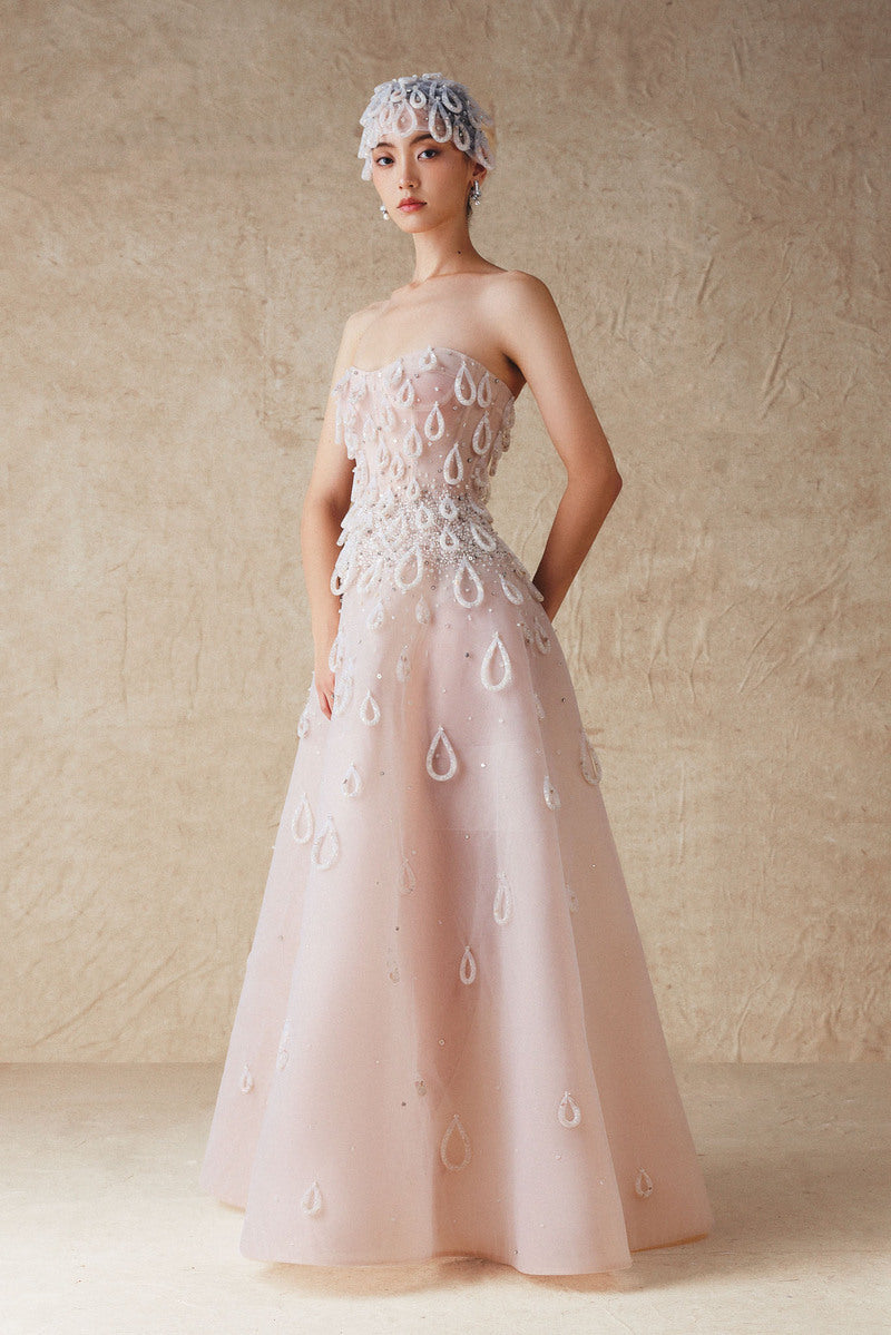 A-LINE SHEER TULLE GOWN WITH HAND EMBROIDERED BEADS - CULT MIA