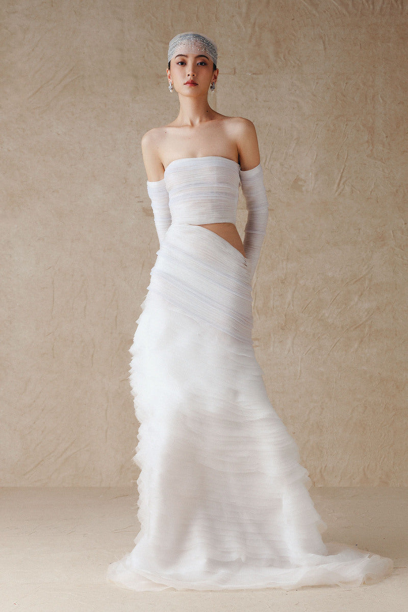 WHITE SHEER SILK DRESS WITH MULTIPLE FLOORS | CULT MIA | Phan Huy WHITE SHEER SILK DRESS WITH MULTIPLE FLOORS | CULT MIA | Phan Huy