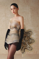 Mini mesh fabric dress with embroidered curves by Phan Huy, featuring a stylish and fitted design perfect for casual or evening wear.