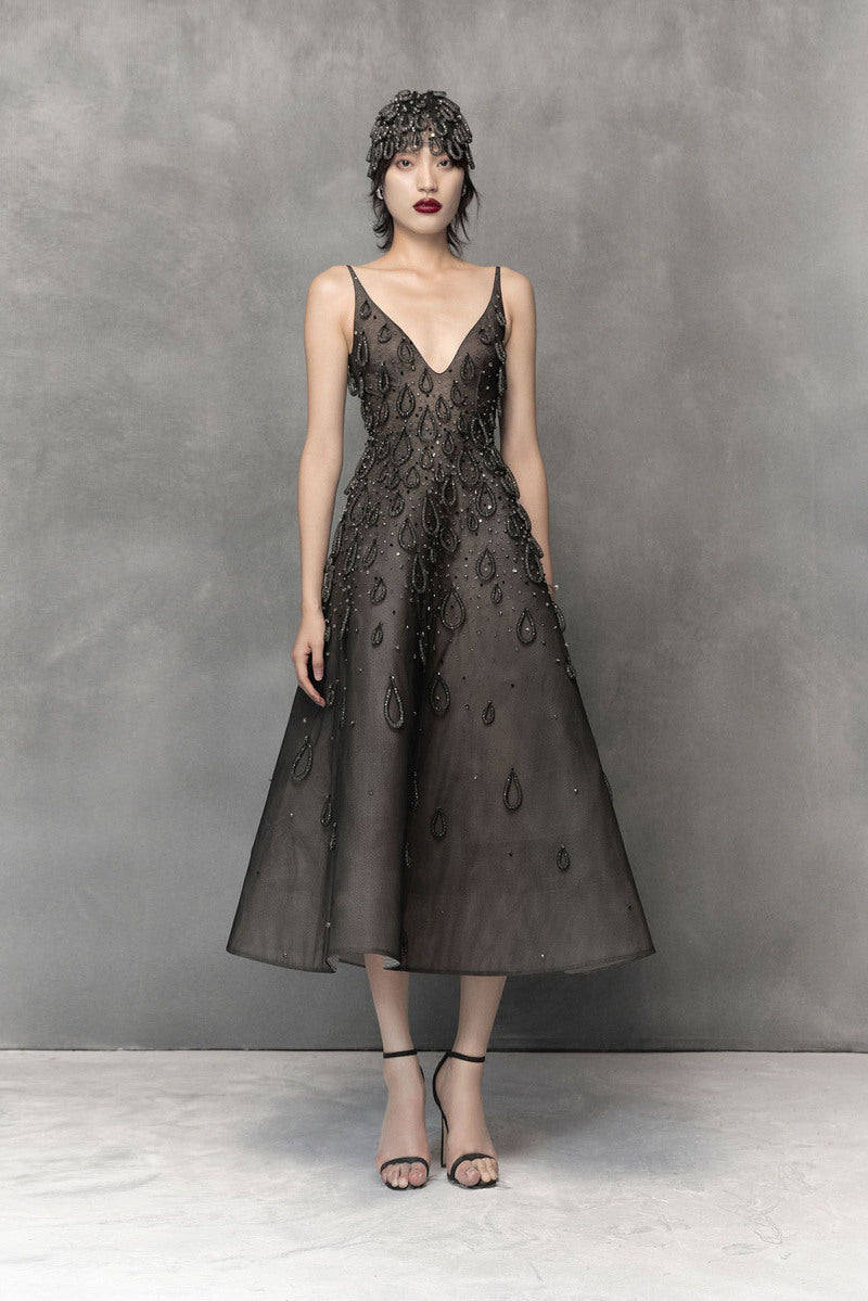 BLACK MIDI DRESS WITH ATTACHED WATER DROP - CULT MIA